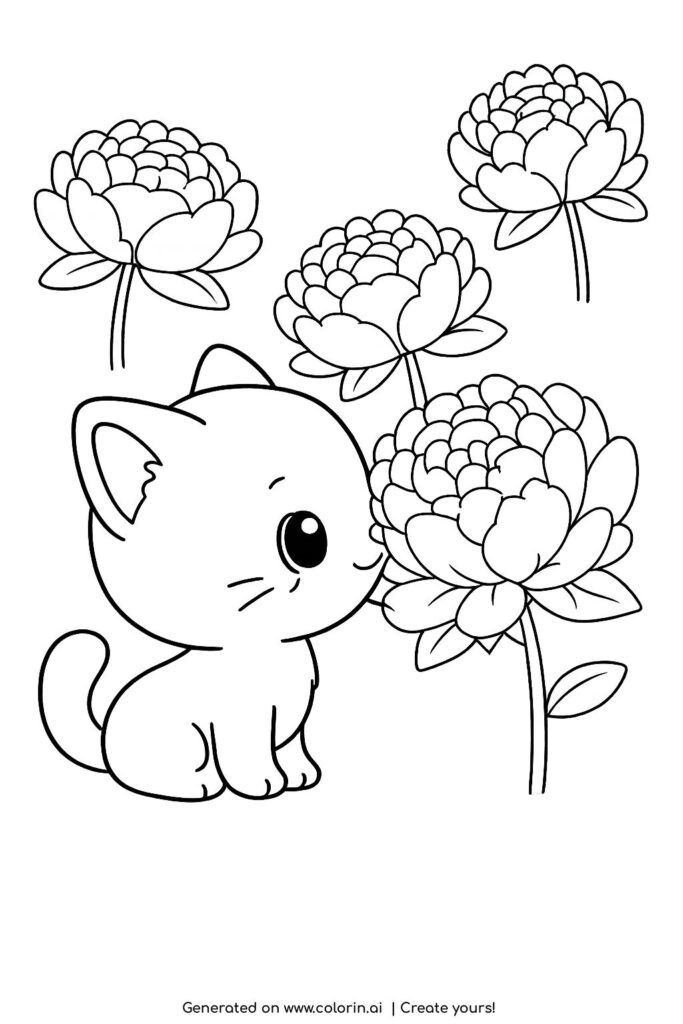 cat smelling a peony coloring page with three flowers in background coloring page