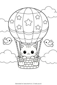 cat traveling in a hot air balloon coloring page with stars on balloon and birds