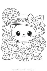 cat wearing floral hat coloring page with hydrangea flowers and bow coloring page