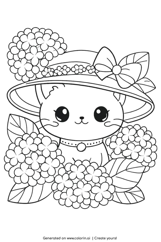 cat wearing floral hat coloring page with hydrangea flowers and bow coloring page