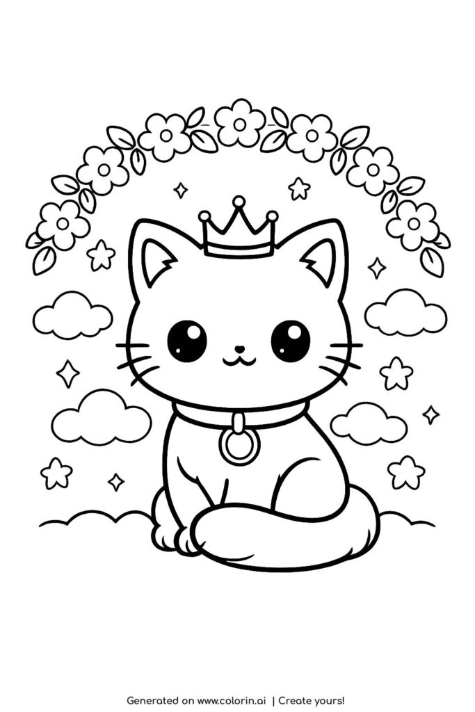 cat with crown under floral arch coloring page cute kitten with clouds and stars coloring page
