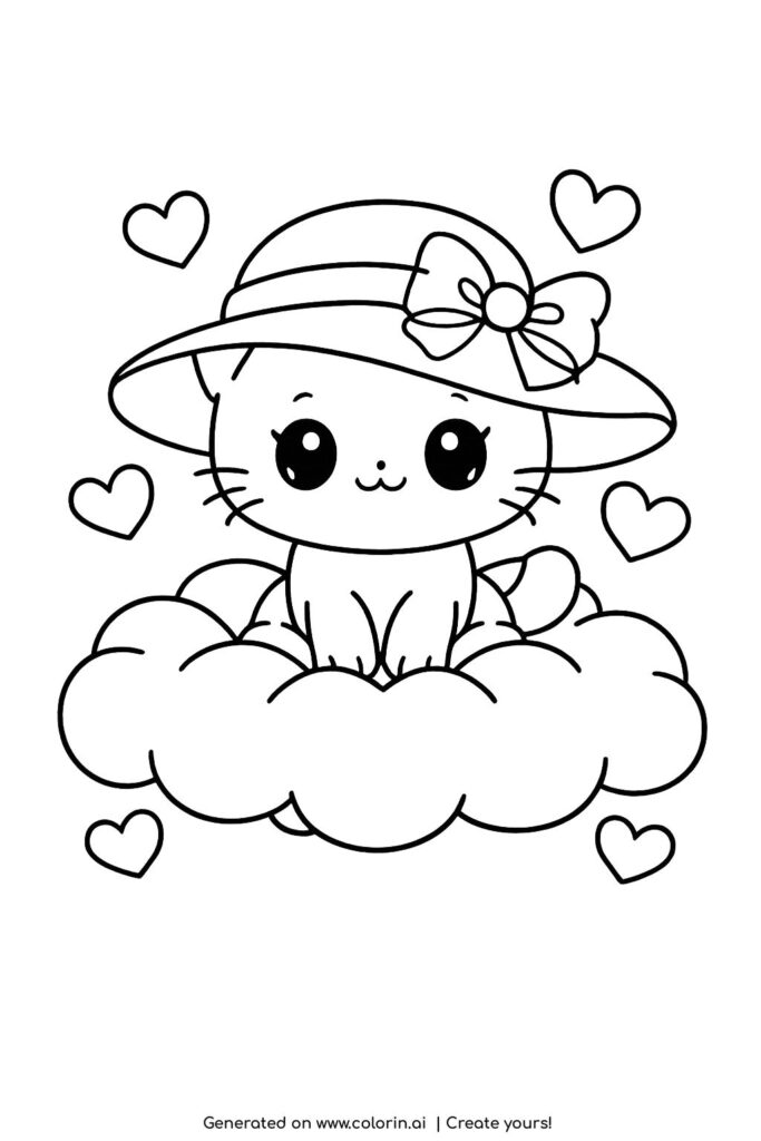 cat with hat sitting on cloud coloring page cute kitten with bow hat and hearts coloring page