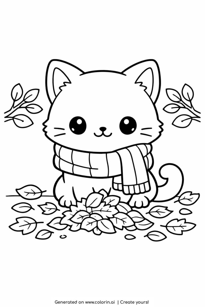 cat with scarf in autumn leaves coloring page cute kitten sitting on fallen leaves coloring page