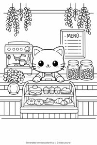 cat working in vintage cafe coloring page with pastries and coffee machine coloring page