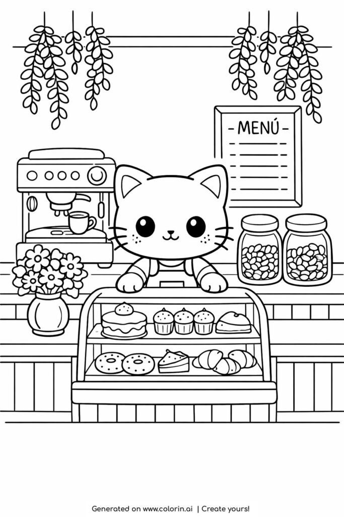 cat working in vintage cafe coloring page with pastries and coffee machine coloring page