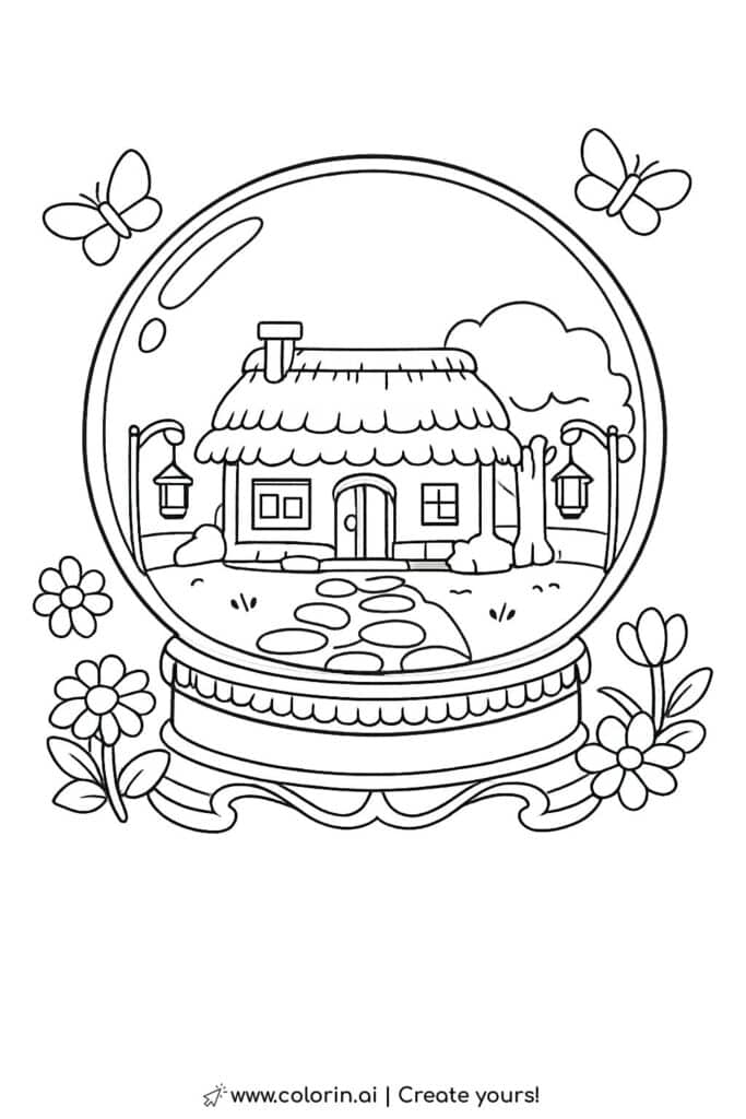 cottage inside a snow globe coloring page with flowers and butterflies coloring page