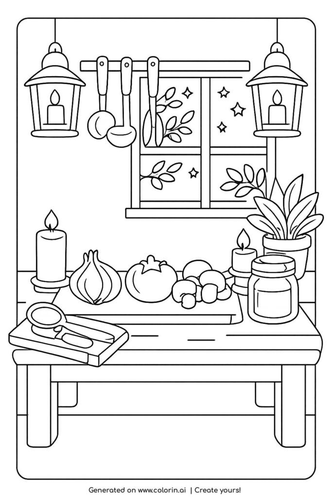 cottage kitchen with lanterns and candles coloring page cozy night interior coloring page