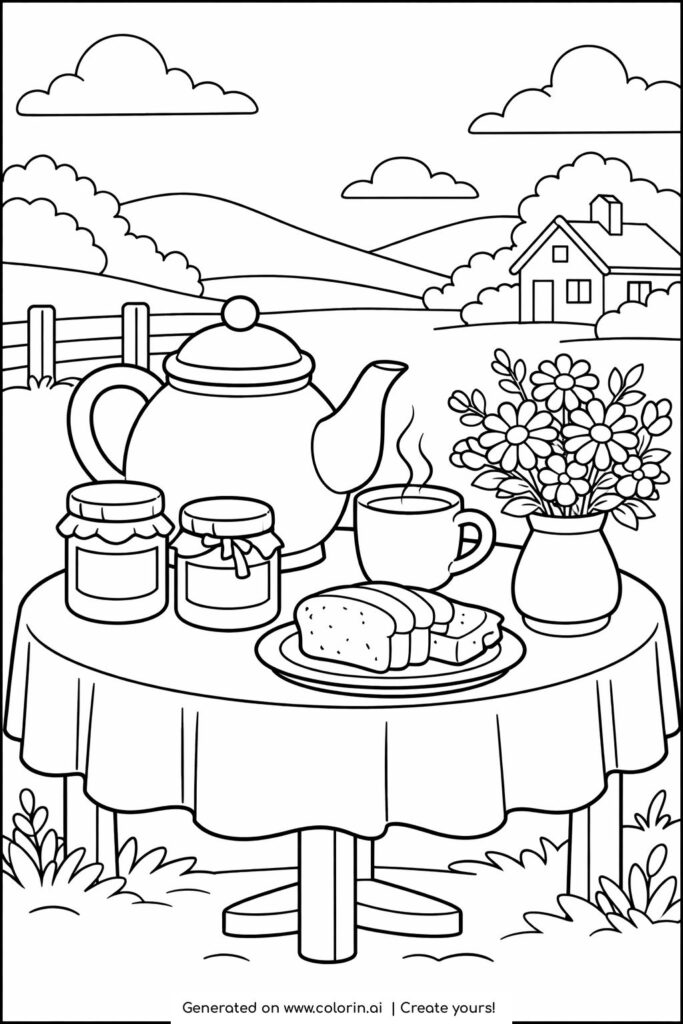 countryside breakfast table with teapot coloring page featuring bread flowers and countryside view coloring page