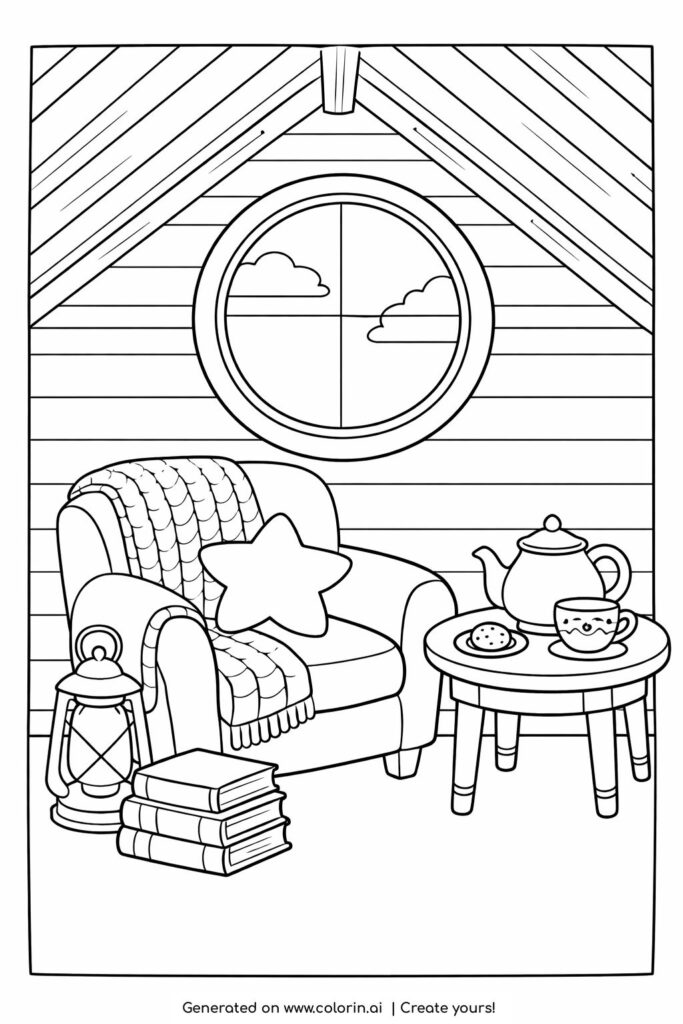 cozy attic reading nook with round window coloring page featuring armchair and tea table