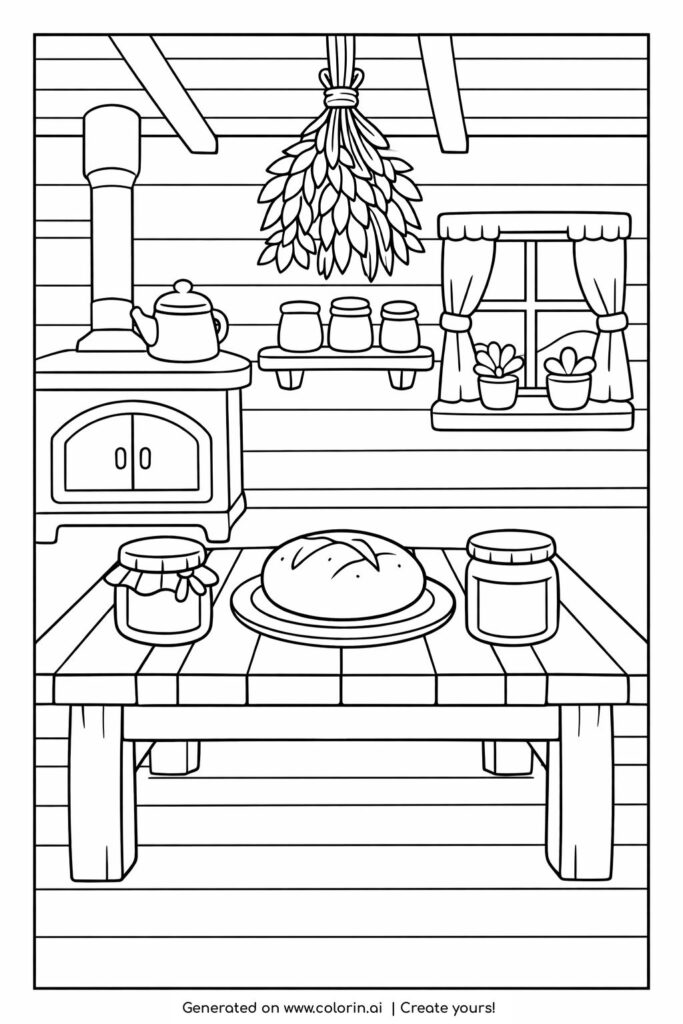 cozy cabin kitchen with bread coloring page rustic interior scene coloring page