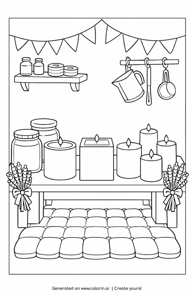 cozy candle workshop table coloring page with jars and candles