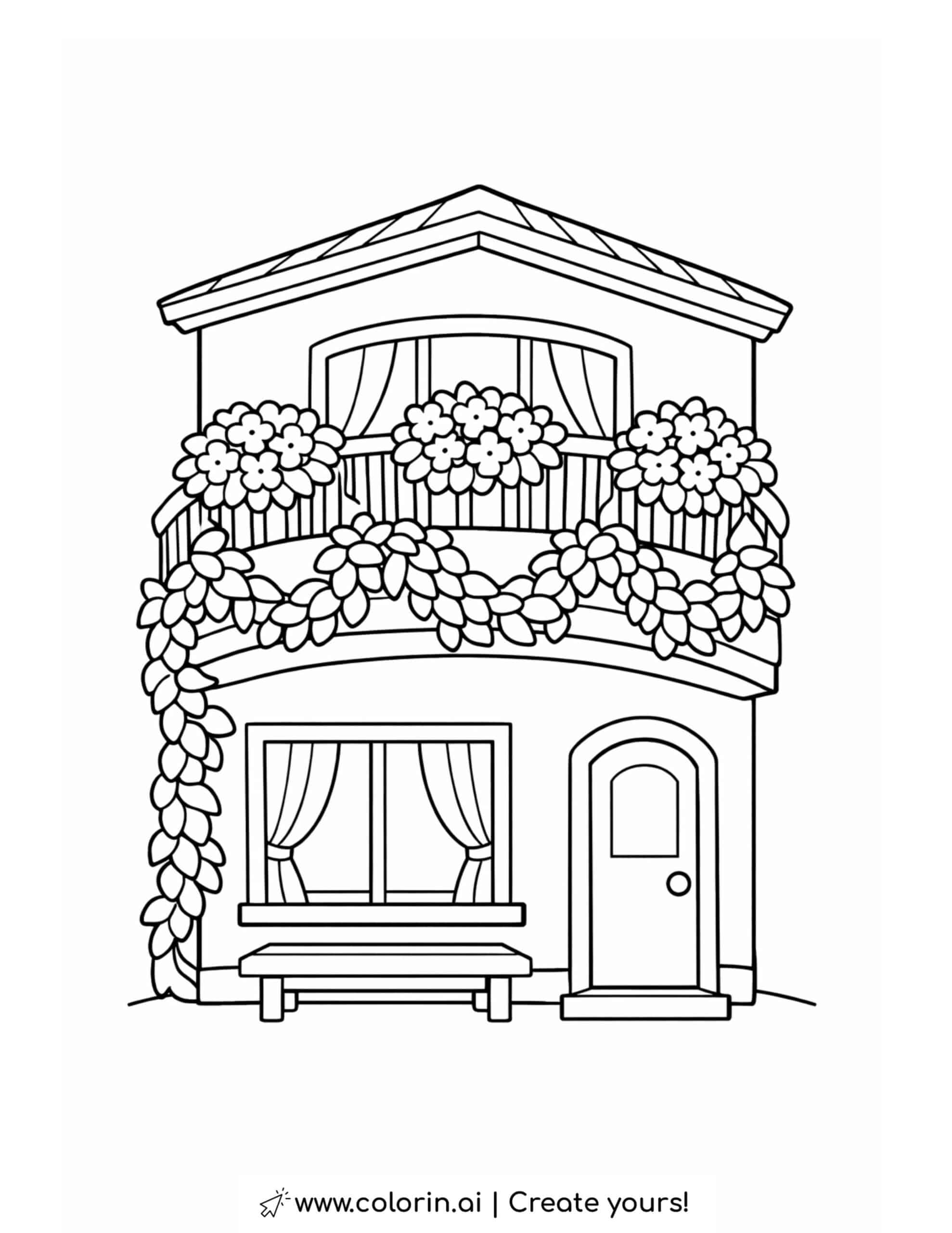 cozy corner house with flower balcony coloring page | Printable