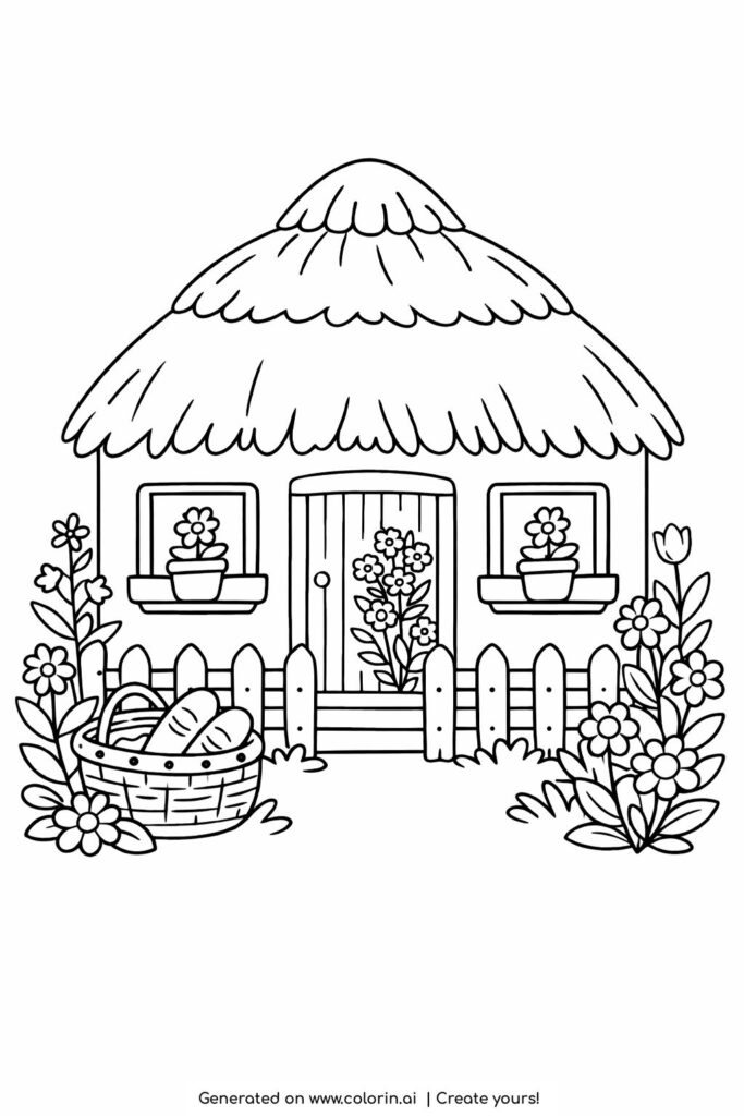 cozy cottage with flower garden coloring page featuring thatched roof and flowers