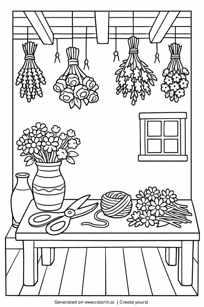 cozy dried flower room coloring page with hanging bouquets and rustic table coloring page