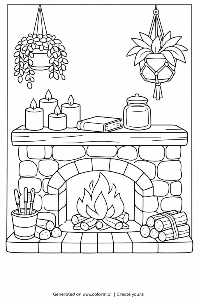 cozy fireplace mantel with hanging plants coloring page featuring candles book and burning fire coloring page