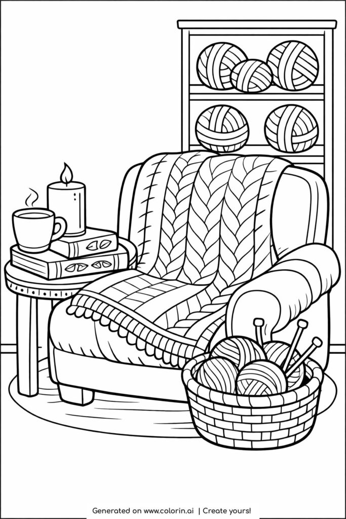 cozy knitting corner with armchair coloring page featuring yarn basket and candle coloring page