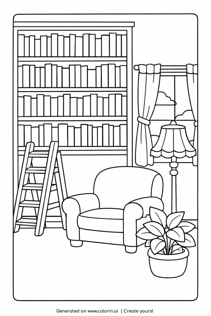 cozy library reading corner coloring page armchair bookshelf scene coloring page