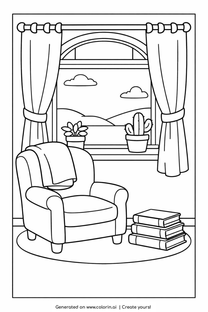 cozy reading corner by window coloring page with armchair curtains and stacked books coloring page