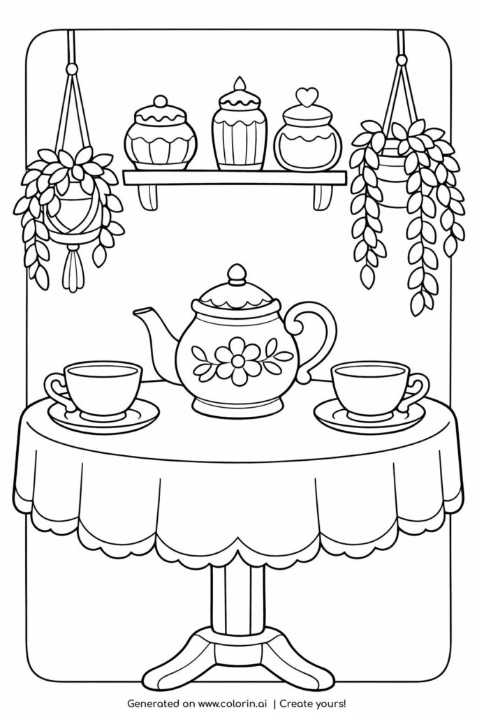 cozy tea table with teapot coloring page featuring cups, shelf, and hanging plants coloring page