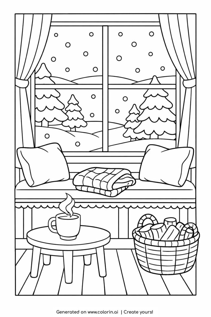 cozy winter window seat coloring page with snowy view and warm drink coloring page