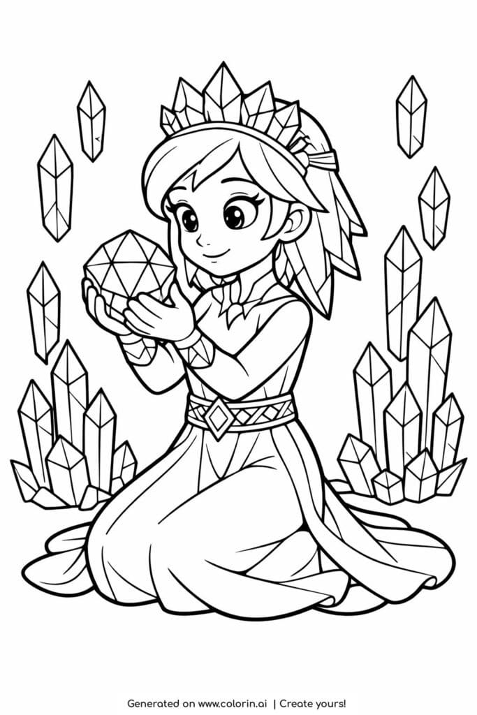 crystal princess holding a gem coloring page with floating crystals coloring page