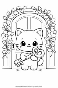 cute kitten holding key at door coloring page with floral arch and wooden door coloring page