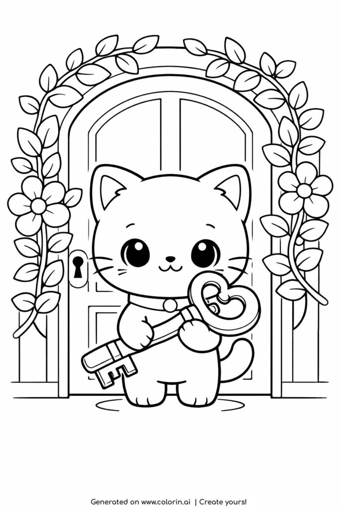cute kitten holding key at door coloring page with floral arch and wooden door coloring page