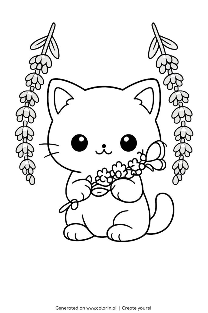 cute kitten holding lavender coloring page with butterfly and hanging flowers coloring page