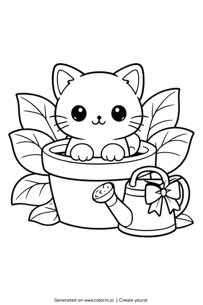 cute kitten in flower pot coloring page with watering can and leaves coloring page