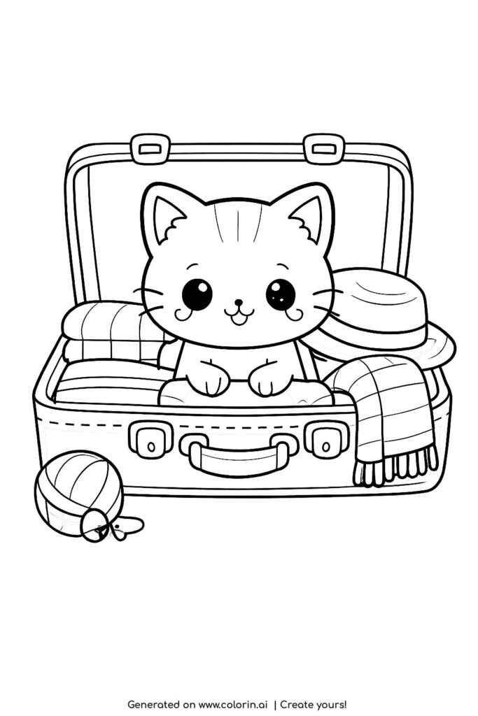 cute kitten inside suitcase coloring page with clothes and toy ball coloring page