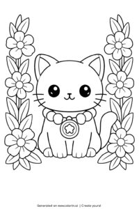 cute kitten with beaded necklace coloring page surrounded by tall flowers coloring page
