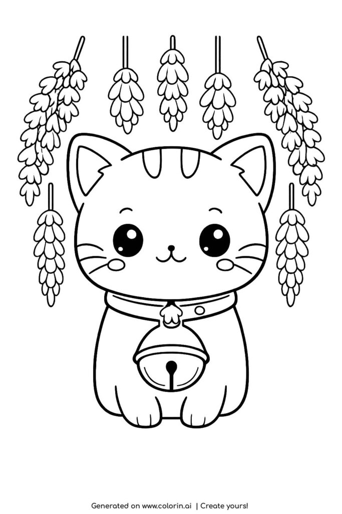 cute kitten with bell under lavender coloring page with hanging flowers coloring page