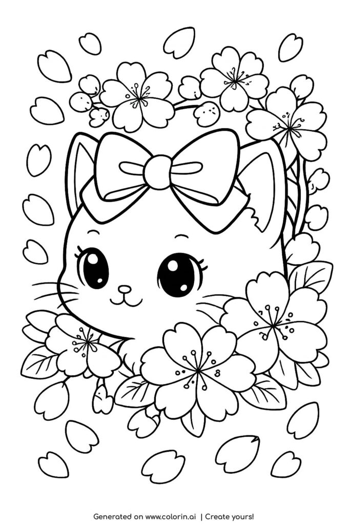 cute kitten with bow and cherry blossoms coloring page with falling petals coloring page