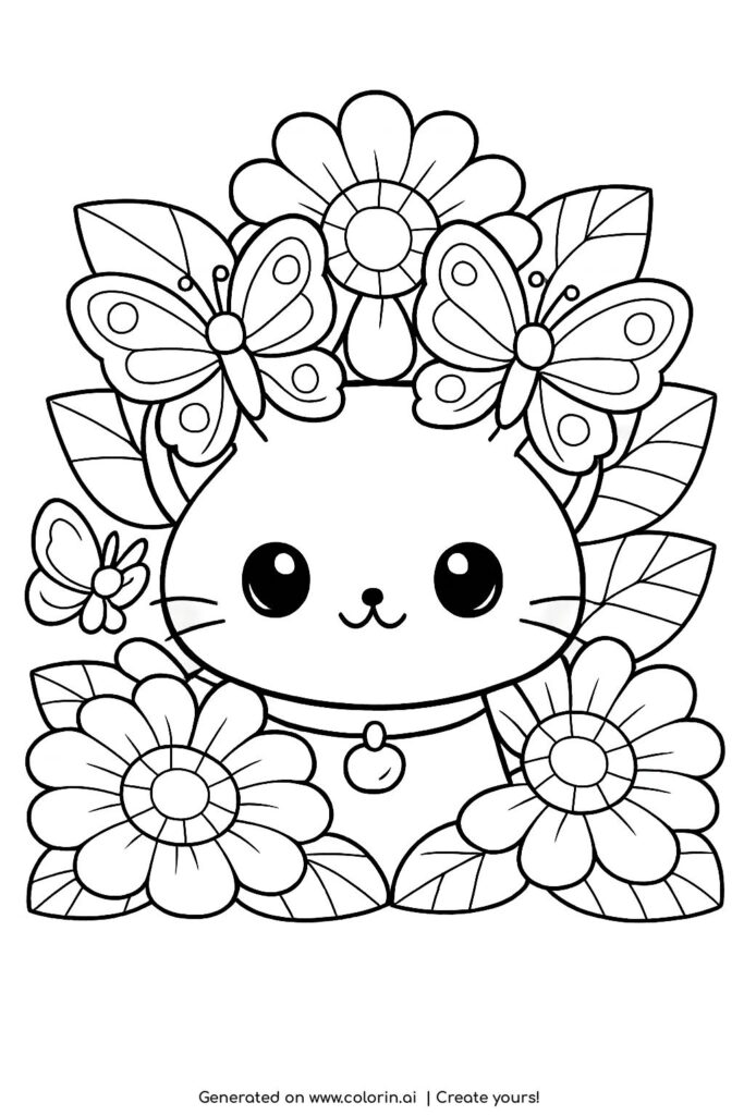 cute kitten with butterflies and flowers coloring page with large blossoms coloring page