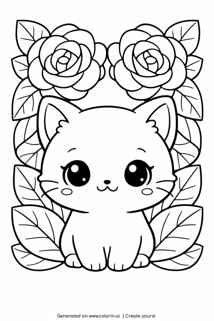 cute kitten with roses frame coloring page with big eyes and floral border coloring page