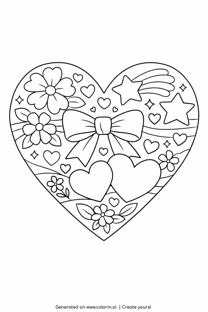 decorated heart with bow coloring page filled with flowers stars and small hearts coloring page