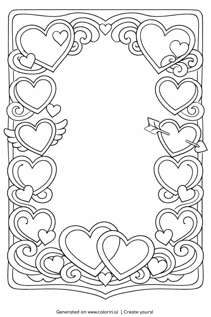 decorative heart frame border coloring page with ornate hearts surrounding a blank center coloring page