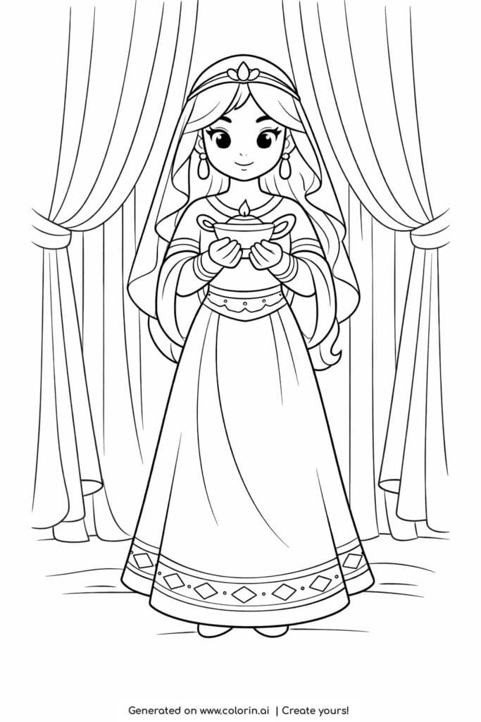 desert princess holding a lamp coloring page with curtains and long dress coloring page
