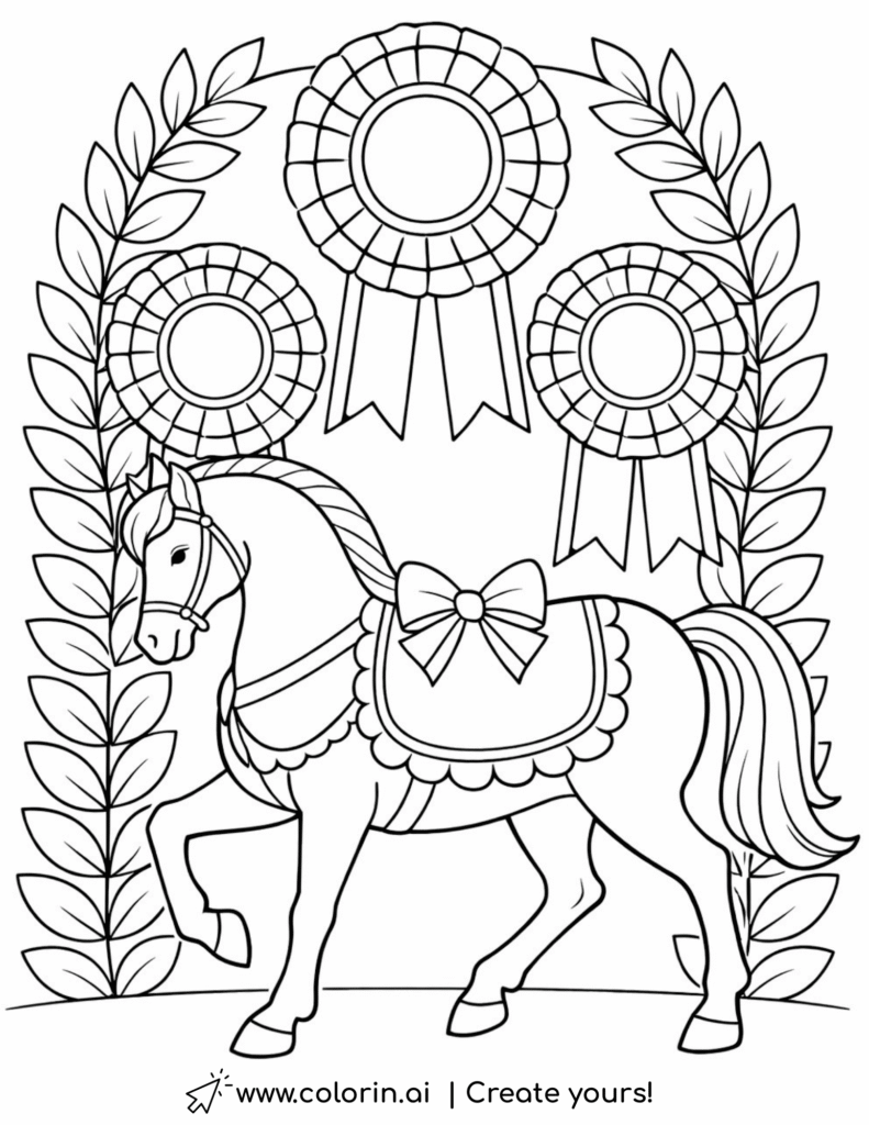 dressage horse with ribbons and bow coloring page with award rosettes and leafy frame coloring page
