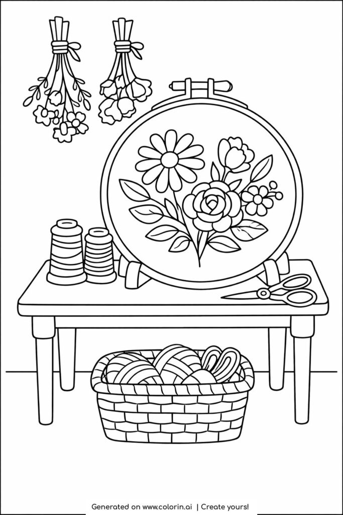 embroidery hoop with floral pattern coloring page showing threads scissors and basket coloring page