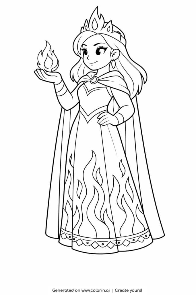 fire princess holding a flame coloring page with cape and flame dress coloring page