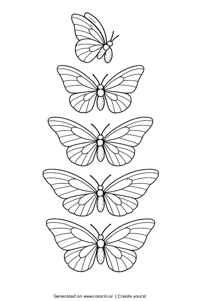 five butterflies in different flight positions coloring page with varied wing shapes coloring page