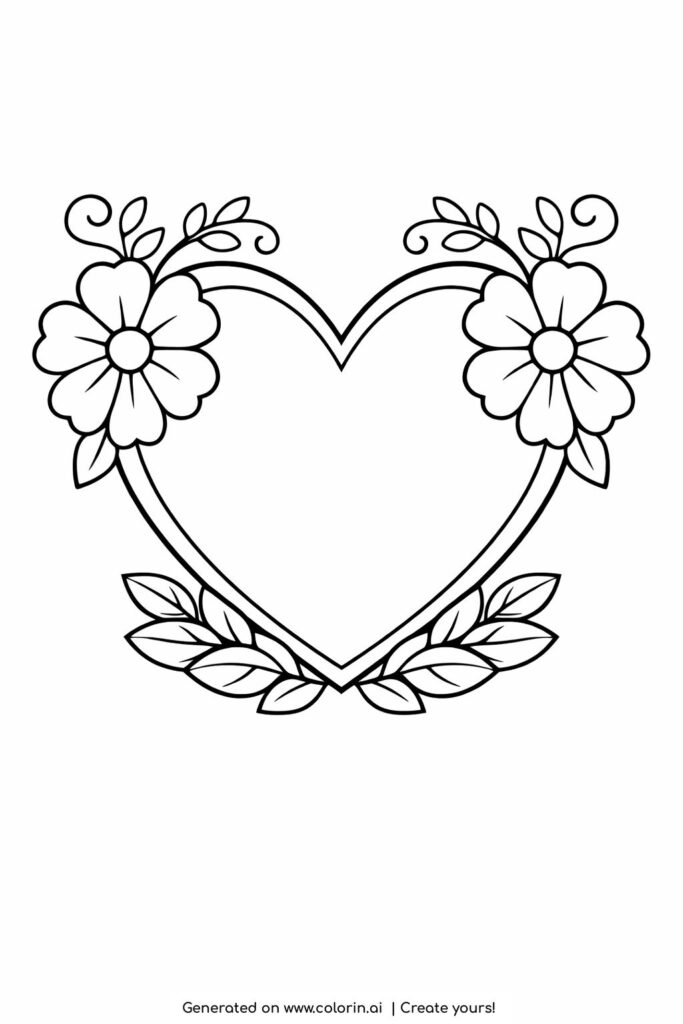 floral heart frame with flowers coloring page showing a heart shaped border with flowers and leaves coloring page