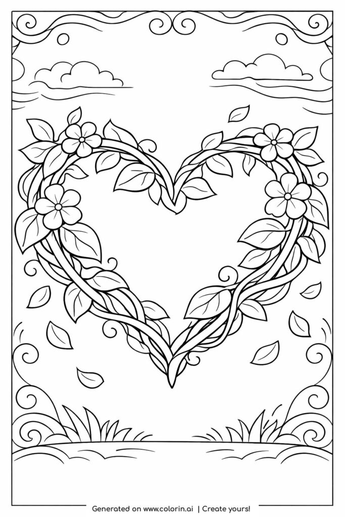 floral heart made of vines coloring page with flowers and leaves coloring page