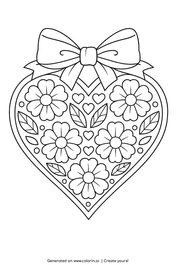 floral heart with bow ornament coloring page featuring flowers leaves and small hearts
