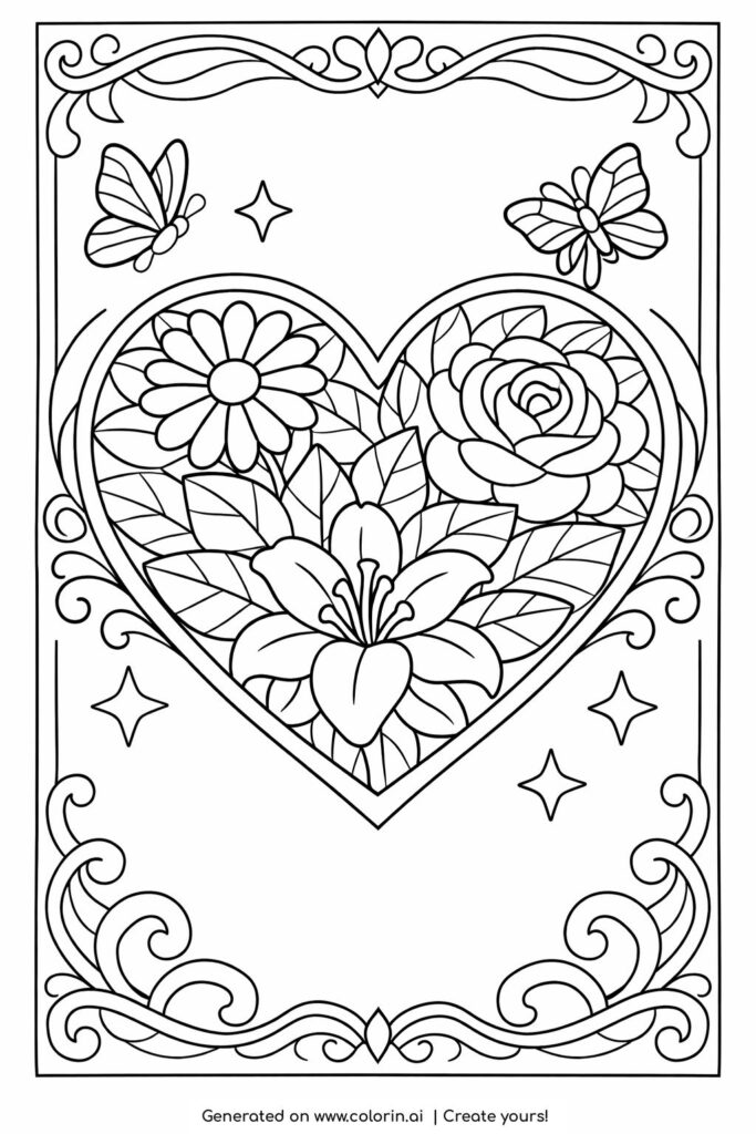 floral heart with butterflies coloring page showing flowers and leaves inside a heart with decorative frame coloring page