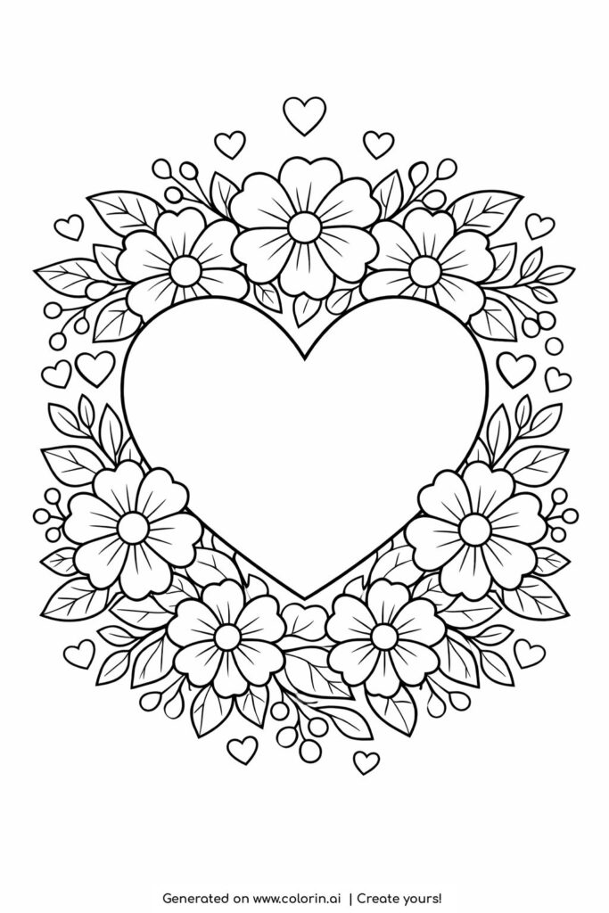 floral heart wreath with small hearts coloring page large heart surrounded by flowers and leaves coloring page