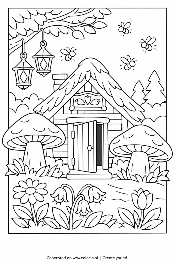 forest cabin with mushrooms and lanterns coloring page featuring open door, flowers, and fireflies coloring page
