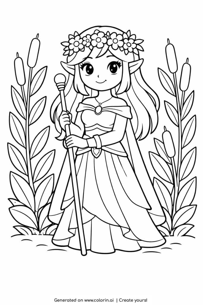 forest princess holding a staff coloring page with flower crown and tall plants coloring page