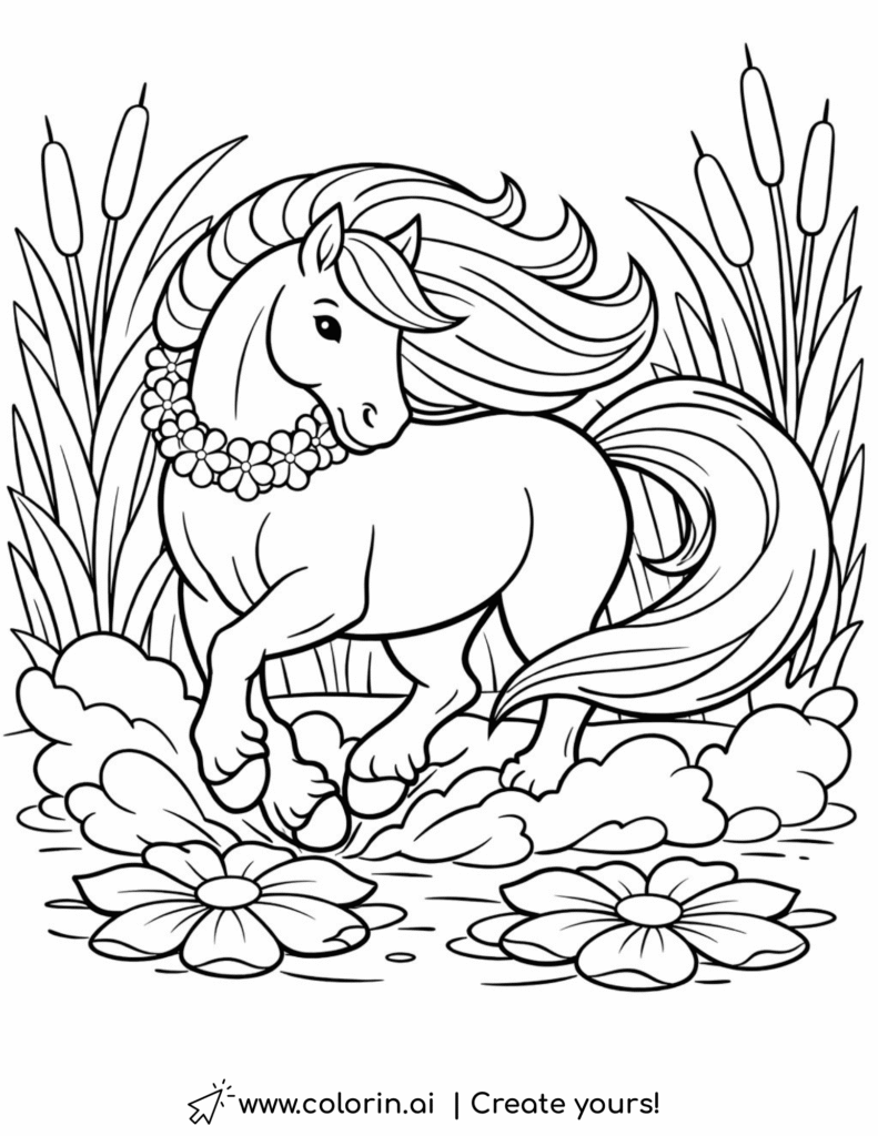 galloping horse with flower necklace in pond coloring page with splash and water lilies coloring page